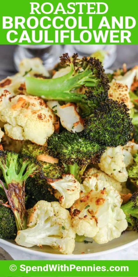 Broccoli and Cauliflower are covered in garlic & parmesan cheese, then roasted until crispy and crunchy! Best part is, they're ready in 20 minutes! #spendwithpennies #roastedbroccoliandcauliflower #recipe #sidedish #ovenroasted #healthy Garlic Parmesan Cauliflower, Broccoli Cauliflower Recipes, Weight Warchers, Roasted Broccoli And Cauliflower, Garlic Bites, Oven Roasted Broccoli, Roast Frozen Broccoli, Cauliflower Recipes Healthy, Parmesan Cauliflower