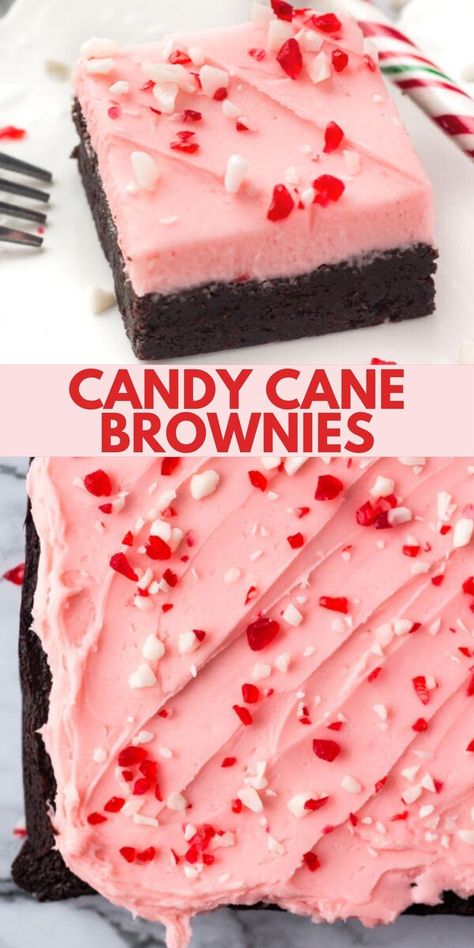 These are the perfect Christmas dessert! Fudgy brownie with peppermint frosting and crushed candy canes on top #candycane #brownies #christmas #holidays #peppermint form Just So Tasty Candy Cane Brownies, Brownies Christmas, Peppermint Frosting, Christmas Brownies, Xmas Desserts, Winter Baking, Peppermint Brownies, Christmas Baking Recipes, Christmas Food Desserts