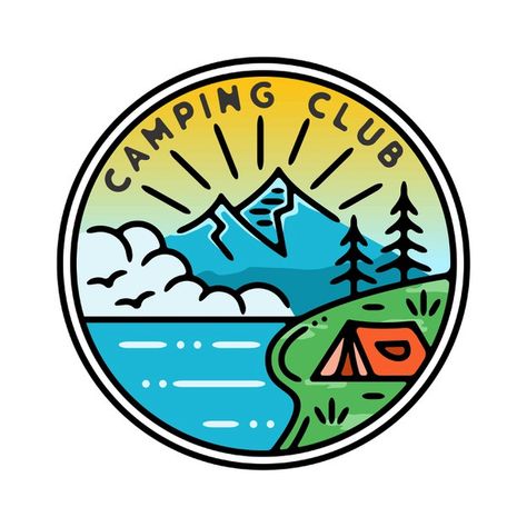 Camp Badges, Hiking Logo, Draw Dividers, Girl Outlines, Procreate Ideas, Space Doodles, Camp Logo, Camping Club, Text Dividers