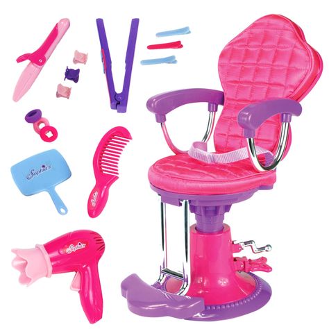 PRICES MAY VARY. INCLUDED: This set includes an adjustable height salon chair, hair dryer, hand mirror, curling iron, flat iron, and comb, plus 3 clips, 3 claws and 3 hair ties. QUALITY DETAILS: The hot pink and purple quilted salon chair features adjustable levels, arm and foot rests, and strap to keep doll secure. MADE for 18" Dolls: Perfect for 18 inch dolls, plush friends and more (doll not included) "IMAGINATIVE PLAY: This set encourages kids to use their imaginations and play with their do Miraculous Ladybug Toys, Accessoires Barbie, Princess Toys, Our Generation Dolls, Salon Chairs, Blue Accessories, Anniversary Cake, Hand Mirror, Child Doll