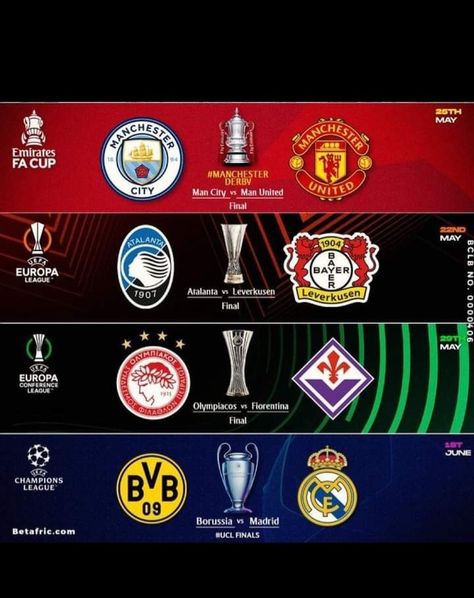 Remaining Finals To End 2023/2024 Season! - #ManchesterCity VS #manchesterunited The Emirates FA Cup 25/05/2024 - #olympiacos VS #Fiorentina FC UEFA conference league 29/05/2024 - #realmadrid VS #dortmund FC UEFA Champions League 01/06/2024 Good Luck To All The Teams! #ilotbetghana #greatodds Fa Cup, Alabama Crimson, Uefa Champions League, Man United, Alabama Crimson Tide, Crimson Tide, Manchester City, 2023 2024, Champions League