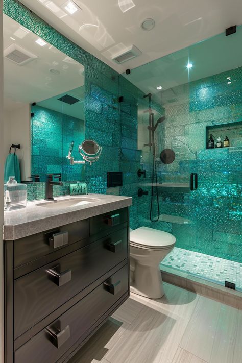 Transform Your Space: Bright & Modern Turquoise Bathroom Ideas Turquoise Bathroom Ideas, Turquoise Bathroom, Black Fixtures, Blue Mosaic Tile, Shower Area, Bathroom Retreat, Condo Remodel, Stunning Bathrooms, Bathroom Countertop