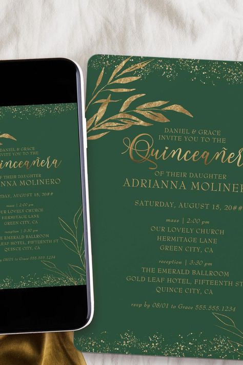 Quinceanera and Mass Elegant Green and Gold Leaf Invitation Quinceanera Emerald Green, Royal Blue And Gold Quinceanera, Gold Leaf Invitations, Royal Blue Quinceanera, Green Quinceanera, Emerald Green And Gold, Leaf Invitations, Gold Glitter Confetti, Sweet Sixteen Invitations