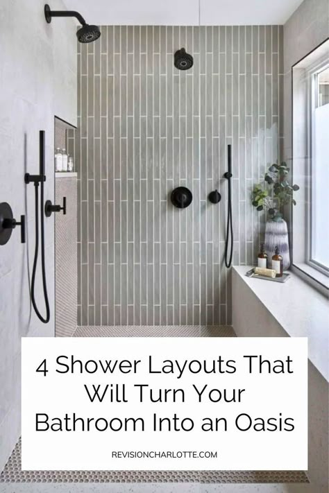 These luxury (and simple) shower remodels will turn your bathroom design into an oasis! Click through for the 4 shower layouts we love for our bathroom remodel clients. We offer bathroom makeovers and design in the Greater Charlotte, North Carolina area. luxury bathroom design, shower aesthetic Master Bath Organic Modern, Main Bath Remodel, Dream Primary Bathroom, Bathroom Layout Shower Only, Bathroom Ideas With Tv, Creative Shower Ideas, Bathroom Remodel No Tub Master Bath, Soothing Master Bath, Tiled Shower Small Bathroom