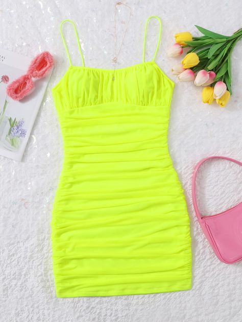 Lime Green Sexy Collar Sleeveless Mesh Fabric Plain Cami Embellished Slight Stretch Summer Women Dresses Mesh Slip Dress, Mode Purple, Lime Green Dress, Vibrant Dress, Neon Dresses, Neon Outfits, Comfy Jumpsuits, Mesh Bodycon Dress, Slim Fit Dresses