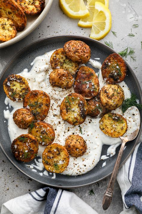 Crispy Herbed Potatoes with Lemon Whipped Feta - Kalefornia Kravings Whipped Feta Potatoes, Feta Potatoes, Kalefornia Kravings, Potatoes In The Air Fryer, Whipped Feta Dip, Golden Potatoes, Herbed Potatoes, Easy Healthy Meals, Dried Dill