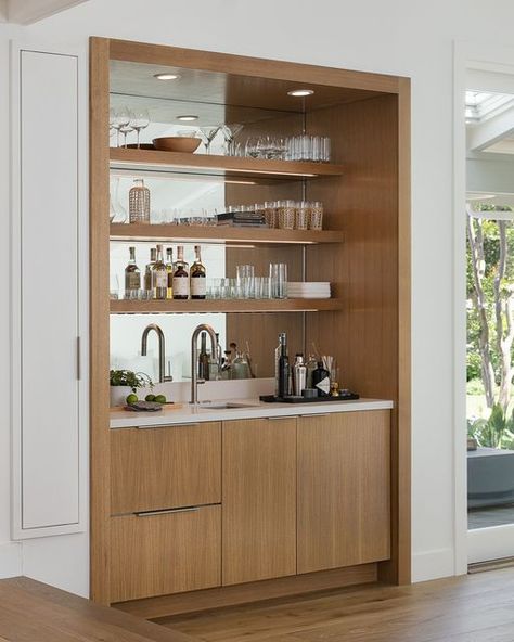 Inbuilt Bar Cabinet, Built In Bar Cabinets For Home, Mcm Basement Bar, The Alamo Project, Kitchen Wet Bar Ideas, Indoor Bar Ideas Houses, Bar Built In, Bar Nook In Living Room, Wet Bar Ideas In Living Room Built Ins