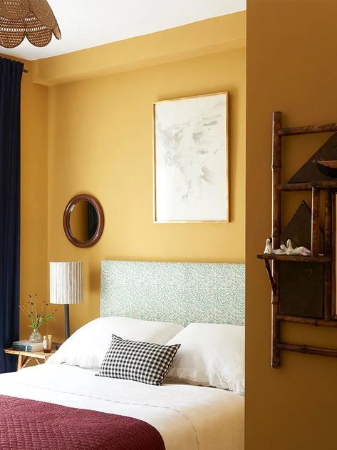 Farrow Bal, Mustard Yellow Walls, Green Headboard, Dark Green Walls, Pink Sofa, Yellow Bedroom, Best Paint Colors, London Apartment, Yellow Walls