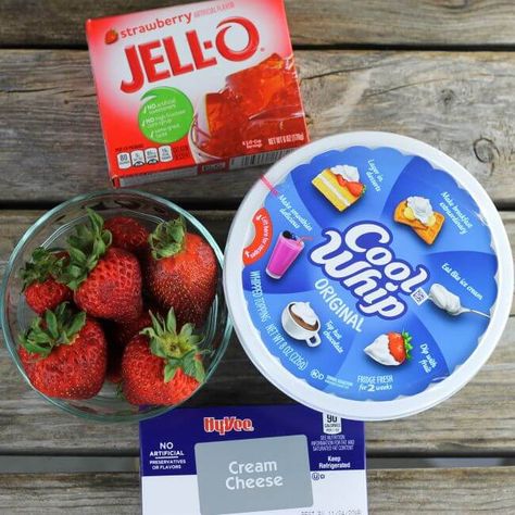 Cool whip, cream cheese, box of Jell-O, and strawberries. Keto Strawberry Fluff With Cool Whip, Strawberry Desserts With Cream Cheese Cool Whip, Jello With Cream Cheese, Jello Cream Cheese Dessert Cool Whip, Cream Cheese Jello Dessert, Sugar Free Cool Whip Desserts, Cool Whip Fruit Dip, Strawberry Jello Dessert, Jello With Cool Whip