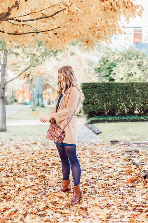 The Best Way to Layer a Sweater Dress | Louella Reese Layered Sweater Dress Outfit, Rhode Island Fall Outfits, Rhode Island Fall, Navy Tights, Simply Fashion, Winter Apparel, Sweater Dress Outfit, Layered Sweater, Chic Fall Outfits