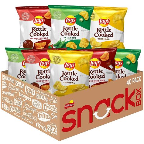 Includes 40 single serving bags of your favorite Lay's Kettle Cooked Potato Chips
14 bags of Jalapeno flavored kettle cooked chips, 14 bags of Original kettle cooked chips, and 12 bags of Mesquite BBQ flavored kettle cooked chips
Kettle cooked to perfection
Perfect for enjoying at home, at work or on-the-go Kettle Cooked Chips, Sun Chips, Lays Potato Chips, Potato Snacks, Kettle Chips, Frito Lay, Potato Crisps, Bbq Seasoning, Sleepover Food