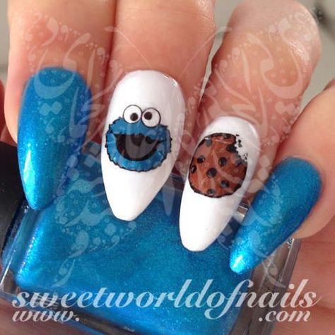 Cookie Monster Nails, Monster Nails, Paint Nails, Nail Water Decals, Finger Nail Art, Simple Nail Art Designs, Best Nail Art Designs, Disney Nails, Art Disney