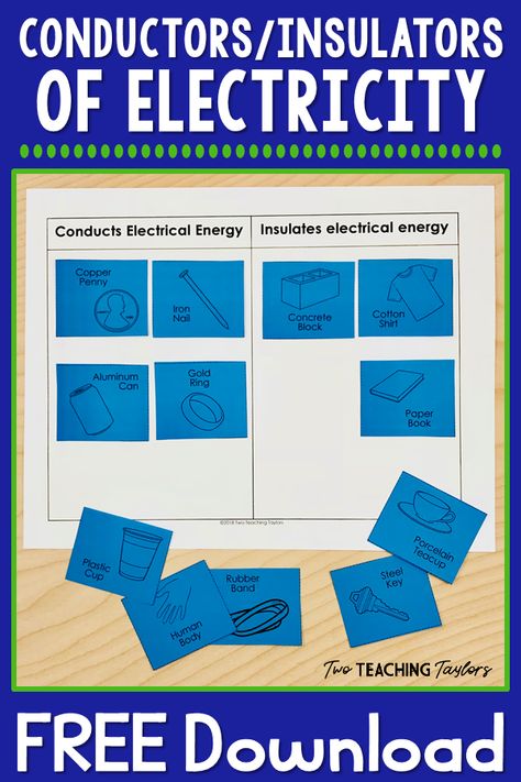 Students will have fun using this FREE graphic organizer worksheet to sort materials by electrical conductors and insulators. Use in interactive notebooks, as an assessment, or even as an anchor chart. Learning about physical properties is fun using sorting activities. #electricalenergy #physicalproperties #5thgrade #twoteachingtaylors Conductors And Insulators, Staar Review, Formative And Summative Assessment, Teaching 5th Grade, Science Vocabulary, Interactive Classroom, 4th Grade Science, 5th Grade Science, Thermal Energy