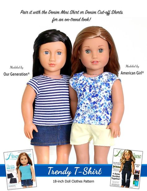 FREE T-Shirt 18 inch Doll Clothes Pattern PDF Instant Download | Pixie Faire American Girl Dress Pattern, Blouse Pattern Free, Our Generation Doll Clothes, T Shirt Sewing Pattern, Baby Doll Clothes Patterns, Shirt Sewing, American Girl Patterns, Doll Clothes Pattern, Doll Clothes Patterns Free