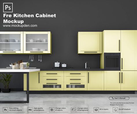 Free Kitchen Cabinet Mockup PSD Template Furniture Poster, Kitchen Set Cabinet, Bunk Bed Plans, Cabinet Inspiration, Shower Door Handles, Tree House Plans, White Bathroom Cabinets, Look Clean, Kitchen Design Color