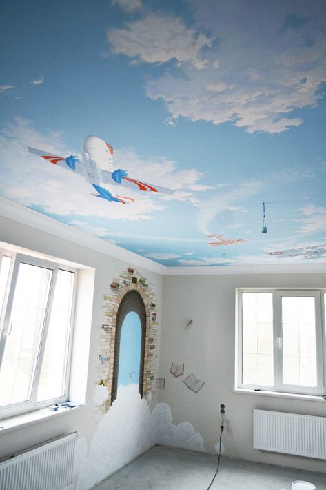 Sky ceiling. Hand painted children’s bedroom wall and ceiling mural, sky, clouds, flying planes by ArtArea LLC , Miami , Florida . Unique custom design , acrilyc paints. Ceiling Sky Painting, Sky Ceiling Bedroom, Painted Ceiling Mural, Sky Ceiling Mural, Mural Ceiling, Book Van, Sky Mural, Wall Drawing Ideas, Ceiling Painted