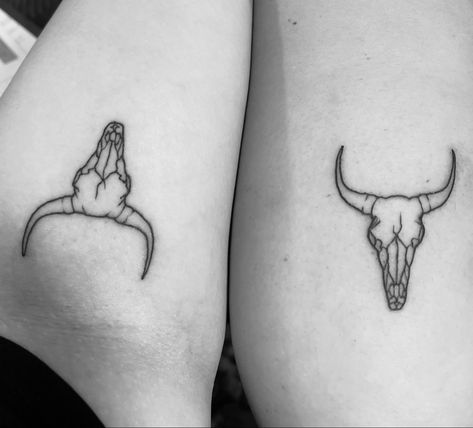 Matching Cowboy Tattoos For Best Friends, Western Tattoos For Women Matching, Nashville Matching Tattoos, Matching Longhorn Tattoos, Longhorn Finger Tattoo, Long Horn Tattoo Small, Nashville Friend Tattoos, Friend Country Tattoos, Country Matching Tattoos Best Friends