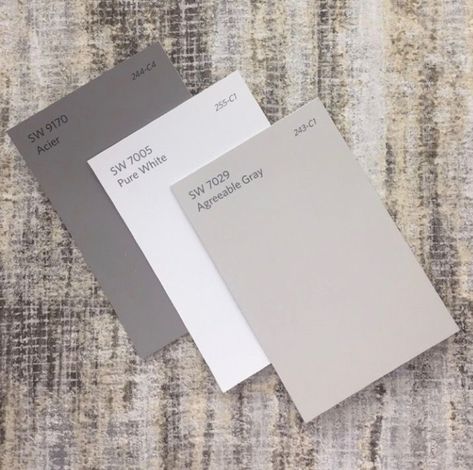 Sherwin Williams | Acier - Pure White - Agreeable Gray Gray Countertops, Agreeable Gray Sherwin Williams, Kitchen Gray, Interior Paint Colors Schemes, Sherwin Williams Gray, Repose Gray, Agreeable Gray, Exterior Paint Colors For House, Interior Paint Colors