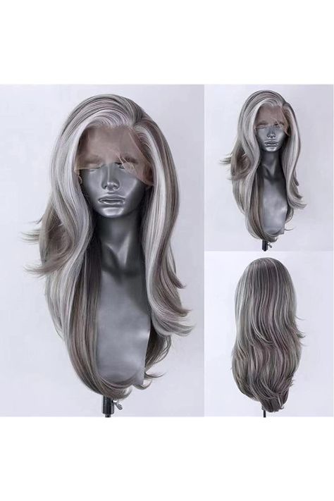 COCOFANS Silver Grey Wigs with White Highlights Natural Wave Mix Color Synthetic Lace Front Wig 22Inches Long Lace Wig Glueless Free Part Hair Replacement Daily Use Cosplay Grey Lace Front Wig, Silver Wigs, Grey Wig, White Highlights, Synthetic Lace Wigs, Full Hair, Hair Replacement, Lace Hair, Blonde Ombre