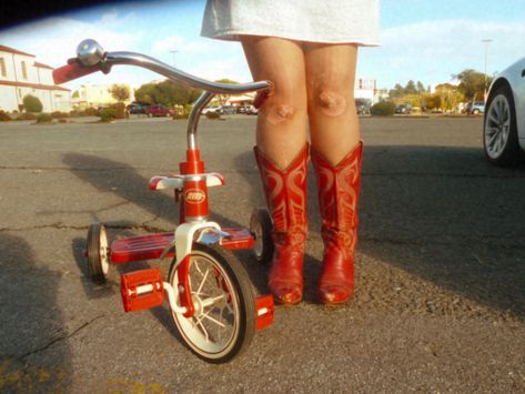 Scraped Knees Aesthetic, Knees Aesthetic, Decay Photography, Ripped Stockings, Urban Decay Photography, Red Cowboy Boots, Digi Cam, Aesthetic Red, Vintage Aesthetic