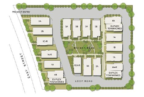 Walkable Pocket Neighborhoods That Keep It Simple Simple Site Plan, Walkable Neighborhood, Townhouse Development, Cottage Community, Site Development Plan, Pocket Neighborhood, Masterplan Architecture, Smaller Homes, Plaza Design