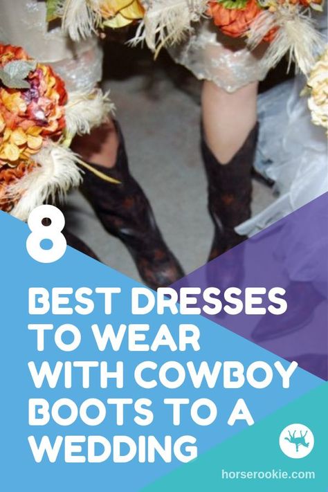 If you’re planning on wearing cowboy boots as a wedding guest, jeans might not quite cut it. We went on the hunt for some of the best dresses to wear with your boots! You’re welcome. #cowboyboots #westernwedding #wedding Country Boots Dress Outfit, Country Casual Outfits Wedding, Boots And Ballgowns, Formal Dresses Western, Backyard Wedding Guest Attire, Western Outfit Wedding Guest, Wedding Outfit With Cowgirl Boots, Wedding Guest Outfits With Cowboy Boots, Semi Formal Dresses With Cowboy Boots