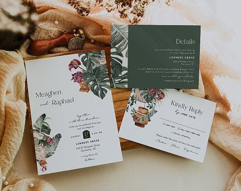 Event Stationary Templates and Printables by RosemaryLines on Etsy Boho Chic Summer Wedding, Bali Wedding Invitation, Tropical Wedding Invite, Moody Tropical Wedding, Tropic Wedding, Tropical Chic Wedding, Boho Tropical Wedding, Tropical Invitations, Exotic Wedding