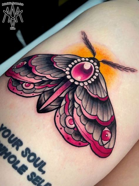 Moth Flower Tattoo, Neo Traditional Moth Tattoo, Neo Traditional Moth, Moth And Flower Tattoo, Vintage Butterfly Tattoo, Traditional Moth, Traditional Moth Tattoo, Traditional Butterfly Tattoo, Nature Tattoo Ideas