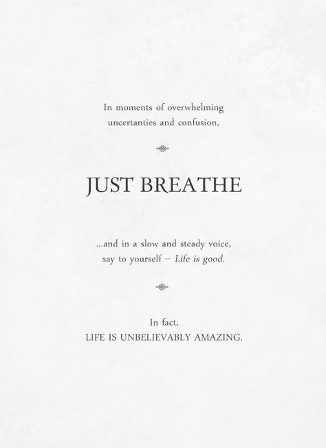 In moments of overwhelming uncertainties and confusion,  JUST BREATHE   ... and in a slow and steady voice,  say to yourself -  Life is good .  In fact,  LIFE IS UNBELIEVABLY AMAZING . Smart Sayings, Breathe Quotes, Beautiful Lifestyle, Free Bird, Quote Inspiration, Winter Beauty, Beautiful Moon, Just Breathe, Quotable Quotes