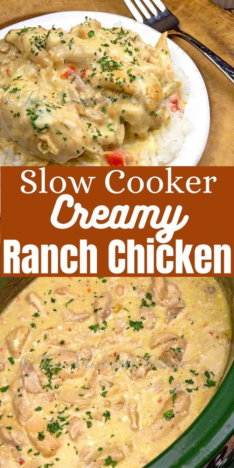 Make this super easy creamy ranch chicken in your slow cooker! This is a finger-licking good family dinner that is effortless and nutritious. Easy Chicken Recipes With Few Ingredients Crock Pot, Crockpot Meals All Day Dinners, Crockpot Creamy Ranch Chicken Recipes, Quick Crockpot Recipes Chicken, Easy Crockpot Ranch Chicken, Slow Cooker Ranch Chicken Recipes, Healthy Ranch Chicken Crockpot, Slow Cooker All Day Recipes, Chicken Thigh Crockpot Meals