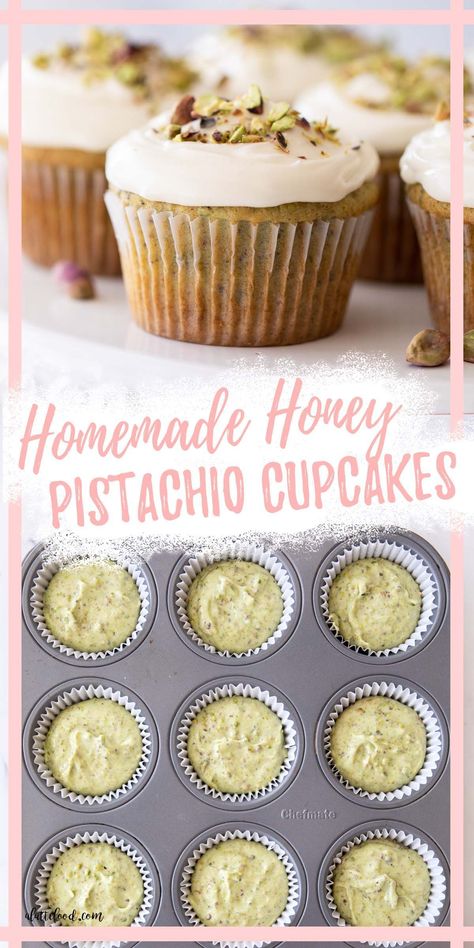 Honey Pistachio Cupcakes, Pistachio Cupcakes From Scratch, Spring Bakery Ideas, Easter Cupcake Flavors, Honey Peach Cream Cheese Cupcakes, Pistachio Cupcake Recipe, Unique Cupcake Flavors, Work Cupcakes, Mini Cupcake Recipe