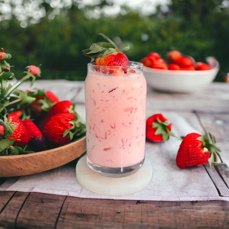 Strawberries And Cream Cocktail Recipe Strawberry Vodka, Strawberry Syrup, Vanilla Vodka, Drink Up, Cocktail Glass, Cocktail Recipe, Strawberries And Cream, Drink Recipes, Coconut Milk