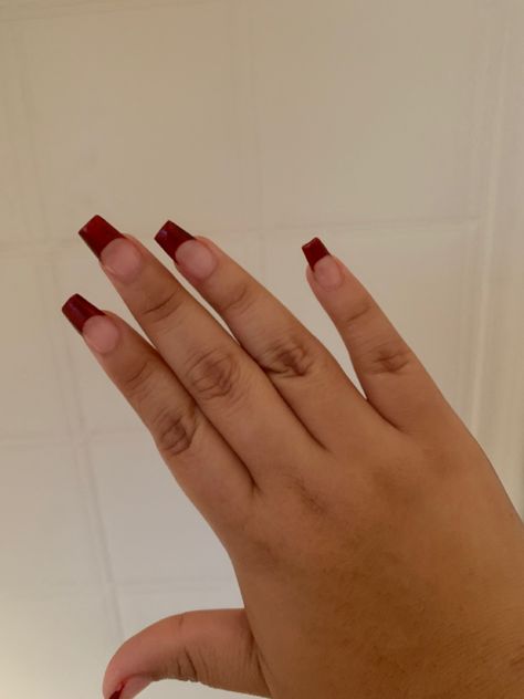 Red Medium Length Nails, Red French Tip Coffin Nails, Red French Tip Coffin, Coffin Nails Medium Length, Coffin Nails Medium, French Tip Coffin Nails, French Tip Coffin, Red French Tip, Nails Medium Length