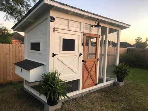 Shed With Chicken Coop Attached, 2 Chicken Coop, Green And White Chicken Coop, Chicken Coop On Stilts, Chicken Coop Farmhouse, Slanted Roof Chicken Coop, White Chicken Coop, Farmhouse Chicken Coop, Modern Chicken Coop