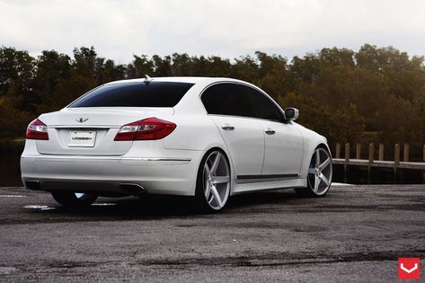 White Hyundai Genesis Looking Classy on 5 Spoke Custom Wheels White Hyundai, 2013 Hyundai Genesis, Korean Cars, Hyundai Genesis, Nice Cars, Custom Wheels, Dramatic Look, Hyundai Sonata, Red Led