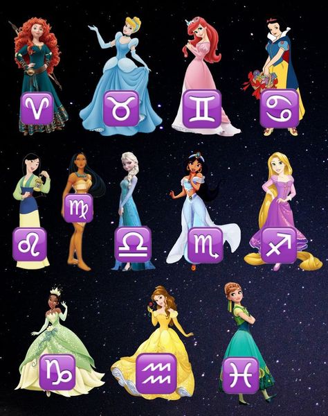 Disney Princess Zodiac, Alternative Disney Princesses, Zodiac Characters, Disney Characters Wallpaper, Rockets For Kids, Unicorn Birthday Cake, Zodiac Funny, Creative Drawing Prompts, Cute Galaxy Wallpaper