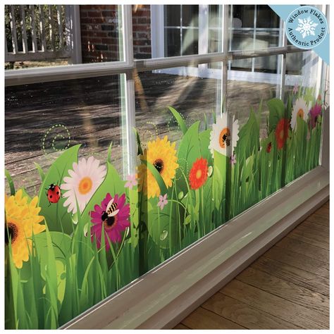 PRICES MAY VARY. 🌼 FLOWER DISPLAYS - Complement your springtime decor with this beautifully designed and totally gorgeous Wild Grass with Flowers and Insects border. This vibrant spring border is perfect for any doors or window in your home. This window cling is contour cut and finished with our innovative double sided print. Ideal for kitchen, florists, chapel, stores, restaurant , retail window display, coffee shop or spring or summer household window dressing. 🌼 SIZES - This large vibrant c Grass With Flowers, Spring Windows, Spring Window Display, Painted Window Art, Classroom Window, Window Mural, Summer Window, Garden Mural, Store Window Displays