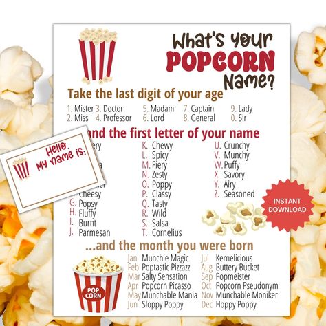 This Party Games item by TheFlooringGirl has 28 favorites from Etsy shoppers. Ships from United States. Listed on May 2, 2024 Movie Night Activities, Popcorn Theme, Name Tag Templates, Game Movie, Name Game, Popcorn Party, Movie Night Party, Popcorn Bar, Name Games