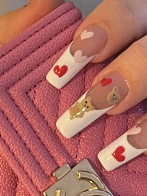 coquette nails: long white coffins with hearts and bears Cute Winter Nails, Acrylic Nails Square, Acrylic Nails Long, Nails Long Square, Coquette Nails, Popular Nail Art, Bears Nails, Colored Acrylic, Grunge Nails