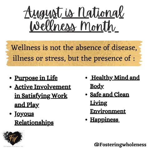 #WellnessWednesday August is National Wellness Month. Wellness is not the absence of illness, it’s the presence of self-care. August Wellness Month, National Wellness Month, August Awareness Month, Psych Nursing, Medical Things, Nursing Board, Mental Health Month, Lemongrass Spa, School Nursing