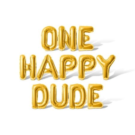 ONEHAPPYDUDE Letter Balloon Banner Size: large.  Color: Gold. One Happy Dude, Balloon Company, Balloon Birthday Party, Banner Size, Balloon Birthday, Balloon Banner, Banner Sizes, Birthday Party Banner, Mylar Balloons