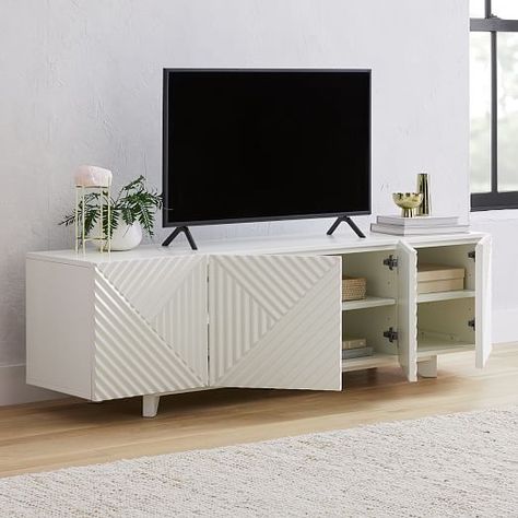 Rosanna Ceravolo Media Console (In-Stock & Ready to Ship) Tv Console Design, Reclaimed Wood Media Console, Wood Media Console, White Tv Stands, Oversized Furniture, White Tv, Oak Panels, Living Room Tv Stand, Tv Console