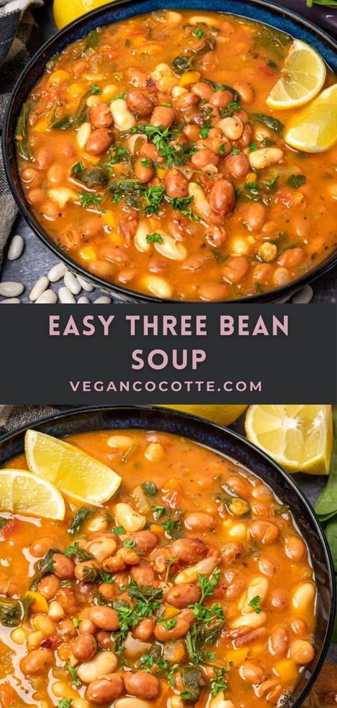 Three Bean Soup, Vegan Bean Soup, Easy Vegan Soup, Healthy Beans, Bean Soup Recipes, Vegan Soups, Vegetarian Soup, Easy Soups, Easy Soup Recipes