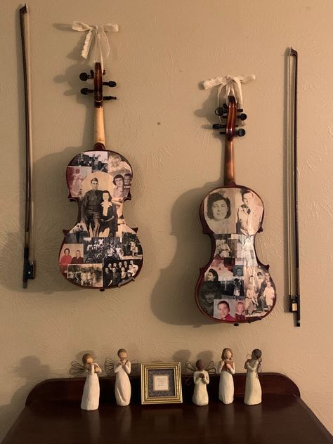 Family photos scanned and printed on regular paper can be modge podged onto an old violin. These are old family instruments of low sound quality that would never have been played again. This is a way to still enjoy their history in our family, while also honoring their previous owners. Old Violin, Big Decorations, Violin Art, Photo Scan, Music Artwork, Music Decor, Boy Bedroom, Clever Crafts, Sound Quality