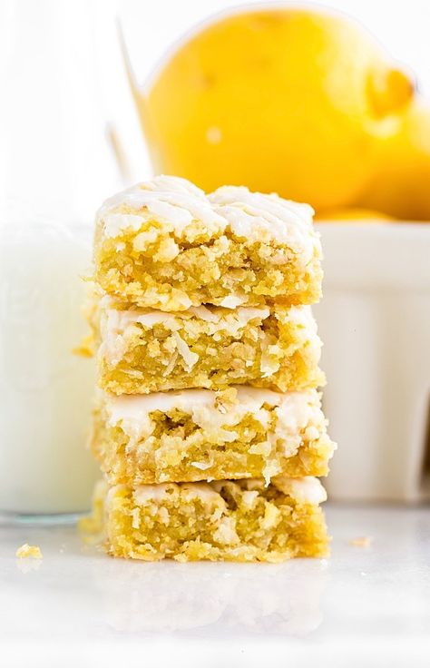 Lemon Oat Bars, Oatmeal Blondies, Lemon Coconut Loaf, Healthy Slices, Lemon Blondies, Lemon Coconut Bars, Coconut Loaf Cake, Coconut Loaf, Lemon And Coconut