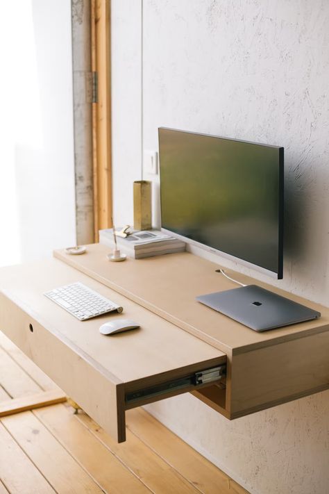 Photo 9 of 13 in My House: A Roaming Couple Settle Down by DIYing a Tiny Cabin for Less Than $10K - Dwell Hidden Desk, Small Computer Desk, Small Home Offices, Floating Desk, Casa Country, Tiny Cabin, Office Setup, Home Diy Projects, Desk Design