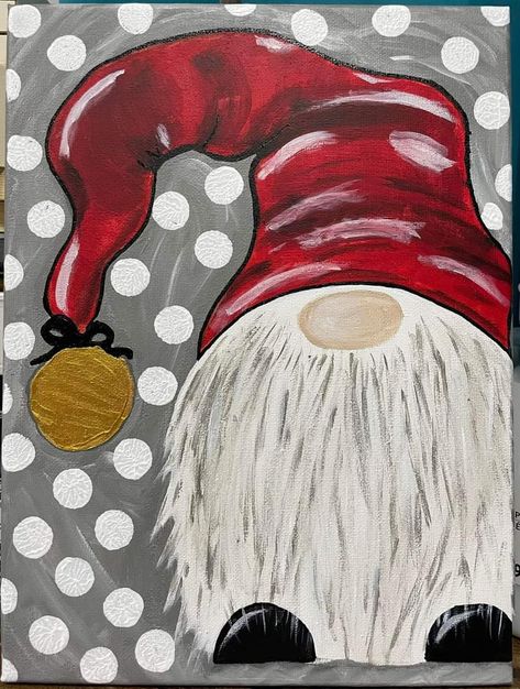 Christmas Nomes Paintings Easy, Christmas Gnome Painting Ideas, Simple Christmas Paintings For Kids, Simple Christmas Paintings For Beginners, Gnomes Art, Cabin Painting, Gnome Painting, Santa Canvas, Gnome Paint