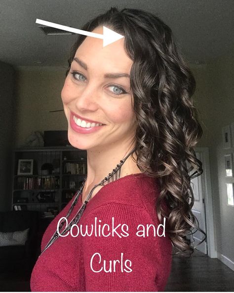 Suddenlywavy on Instagram: “🐄 Cowlicks And Curls 🐄. . I have 3 prominent cowlicks in my hair. My front hairline cowlick is so strong you can see it forcing my hair to…” Curly Hair Bangs Cowlick, Cowlick Bangs, Style Wavy Hair, Curled Bangs, Hairstyle For Women, Curly Bangs, How To Style Bangs, Curly Hair With Bangs, Natural Haircare