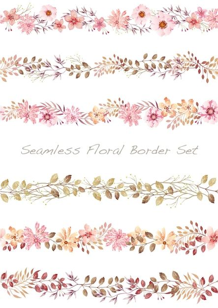 Seamless vector watercolor floral border... | Free Vector #Freepik #freevector #flower-clipart #bridal-bouquet #watercolor-flowers #flower-border Floral Border Design Pattern, Border Design Floral, Draw Flowers Watercolor, Watercolor Floral Border, Gold Circle Frames, Retro Vector Illustration, Vintage Template, Vector Border, Wedding Logo Monogram