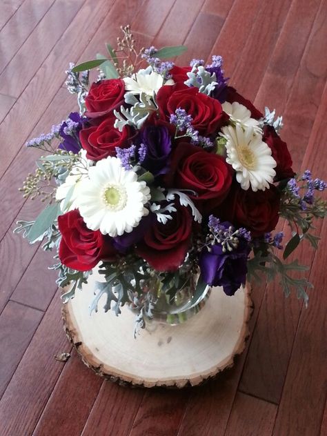 Bridal bouquet,  red white and purple. Purple Bride Bouquet, Red And Purple Wedding, Light Purple Wedding, Purple Flower Bouquet, Purple Wedding Theme, Red Rose Wedding, Christmas 2025, White Wedding Theme, Red And White Flowers